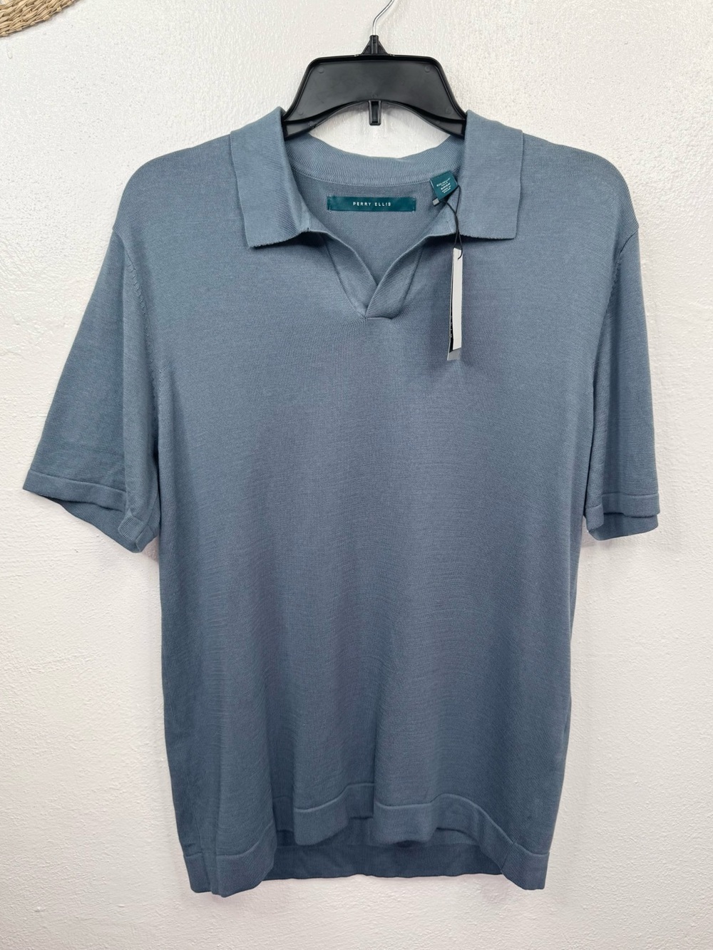 Perry Ellis Polo Shirt Mens Small Blue Tech Knit Open Collar Short Sleeves